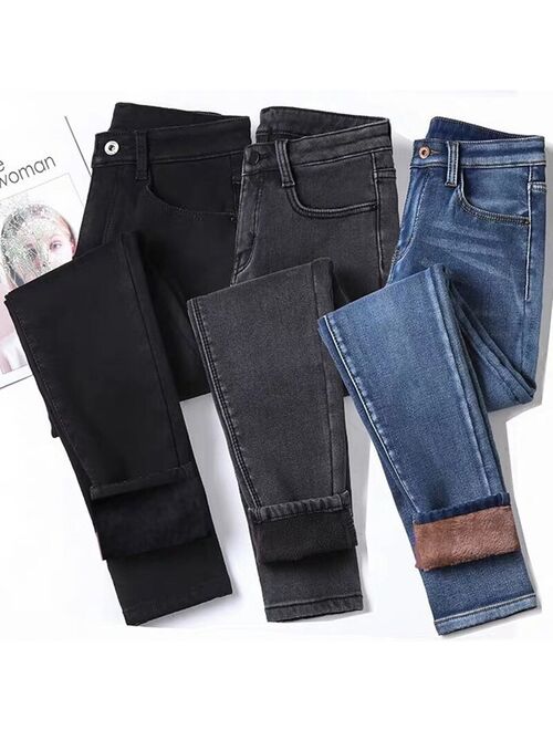 VALINK Pants For Women 2021 Women High Waist Thermal Jeans Fleece Lined Denim Pants Stretchy Trousers Skinny Pants Ropa Mujer