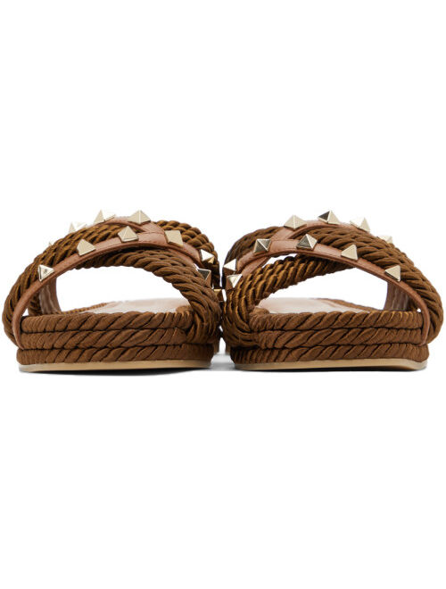 Brown Valentino Garavani Cord Rockstud Flat Sandals