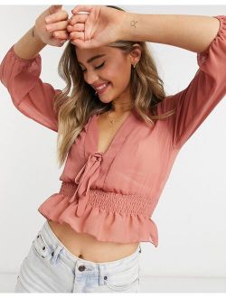 sheer long sleeve top with shirred waist in rose