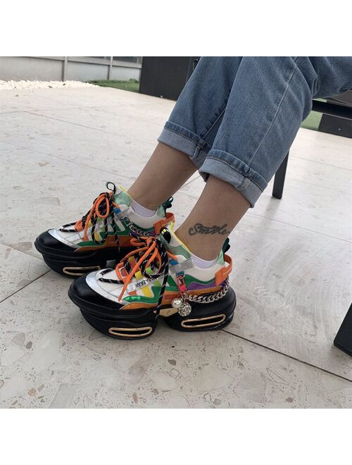 GXCMHBWJ Luxury Fashion Genuine Leather Platform Women's Sneakers Mixed Color Round Toe Lace Up Thick Bottom Casual Ladies Shoes