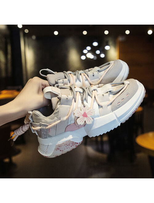 QWEEK Women's Casual Fashion Running Shoes Lady Breathable Platform Sneakers  2021 Summer New Ins Trend Flowers Pendant High Heel