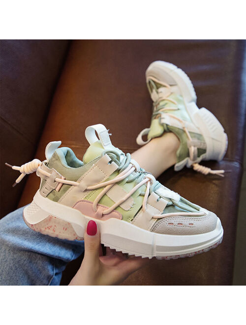 QWEEK Women's Casual Fashion Running Shoes Lady Breathable Platform Sneakers  2021 Summer New Ins Trend Flowers Pendant High Heel