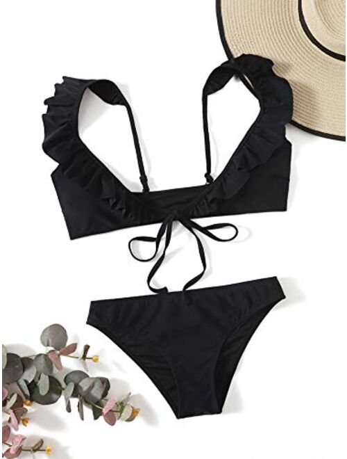 SweatyRocks Women's Bathing Suits Spaghetti Strap Ruffle Wrap Bikini Set Two Piece Swimsuits