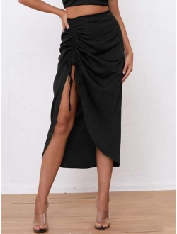 Drawstring Split High Solid Skirt