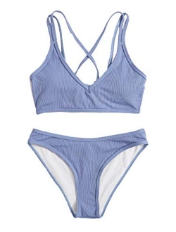 Women's Bathing Suits Spaghetti Strap Criss Cross Back Bikini Ribbed Swimsuit