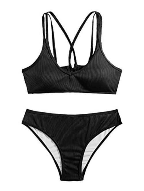 SweatyRocks Women's Bathing Suits Spaghetti Strap Criss Cross Back Bikini Ribbed Swimsuit