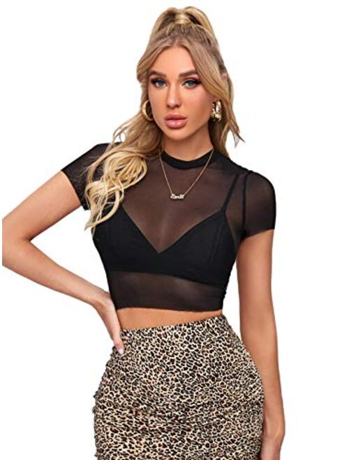 SweatyRocks Women's Short Sleeve Print See Through Sheer Mesh Crop Top T Shirt