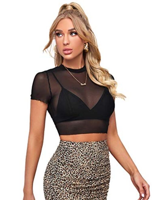 SweatyRocks Women's Short Sleeve Print See Through Sheer Mesh Crop Top T Shirt