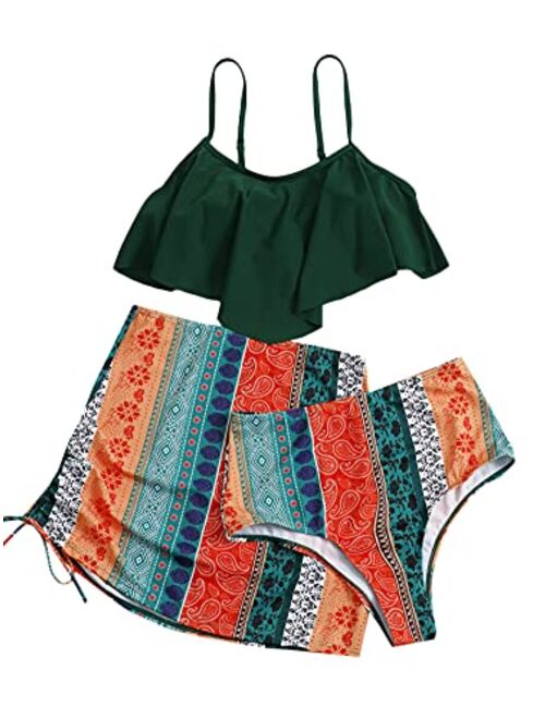 SweatyRocks Women's 3 Pack Floral Hanky Hem Bikini Swimsuit & Beach Skirt