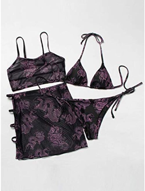 SweatyRocks Women's 4 Pack Dragon Mesh Cut-Out Triangle Bathing Suit Bikini Swimsuit