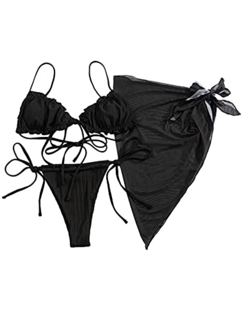 SweatyRocks Women's 3 Pack Lettuce Trim Thong Bikini Swimsuit & Beach Skirt