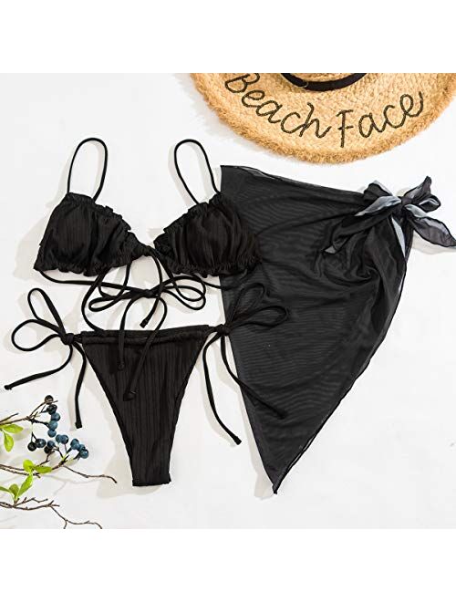 SweatyRocks Women's 3 Pack Lettuce Trim Thong Bikini Swimsuit & Beach Skirt
