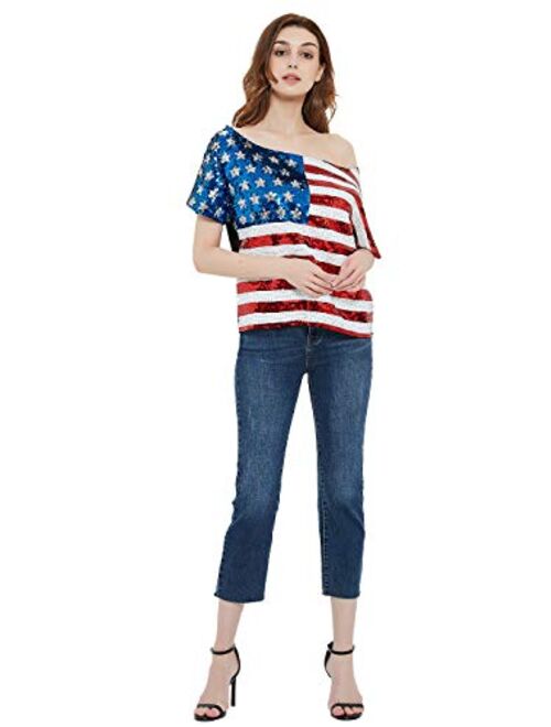 Anna Kaci Anna-Kaci Womens Patriotic American USA Flag Sequin Cami Shirt Blouse Tank Top