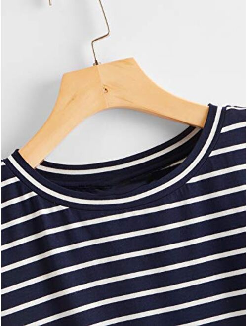 SweatyRocks Women's Casual Loose Short Sleeve Round Neck Striped Tee Shirt Top