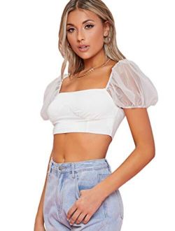 Women's Short Puff Sleeve Crop Top Sheer Mesh Square Neck Tee Shirt