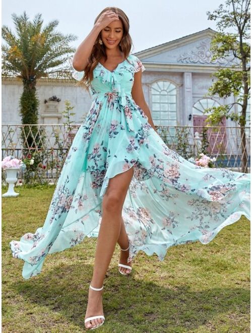 Shein Floral Print Belted Wrap Dress