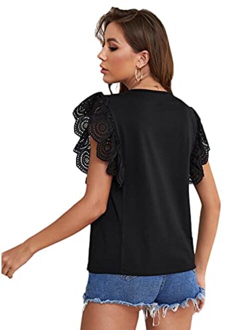 SweatyRocks Women's Eyelet Embroidery Ruffle Short Sleeve Plain T Shirt Tee Tops