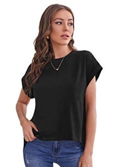 Women's Casual Contrast Sequins Summer T Shirts Short Sleeve Solid Plain Tee Tops