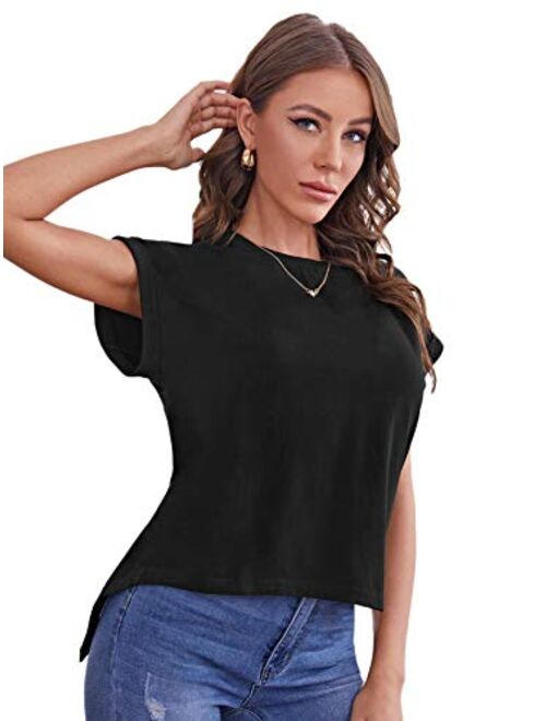 SweatyRocks Women's Casual Contrast Sequins Summer T Shirts Short Sleeve Solid Plain Tee Tops