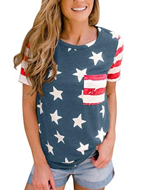 For G and PL Women's July 4th American Flag Short Sleeve Shirt with Pocket