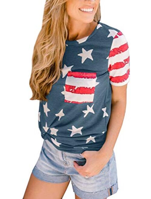 For G and PL Women's July 4th American Flag Short Sleeve Shirt with Pocket