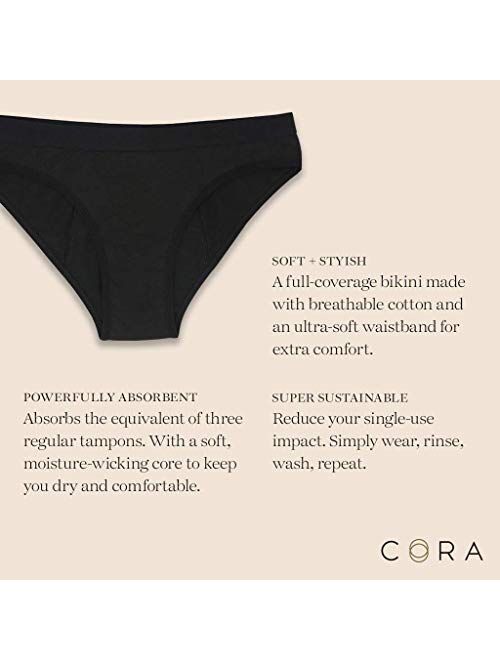 Cora Period Underwear for Women | Bikini Style, Powerfully Absorbent, Leak Proof Menstrual Panties | Ultra-Soft, Comfortable, Breathable Cotton | Black (Extra Small, 1 Pa
