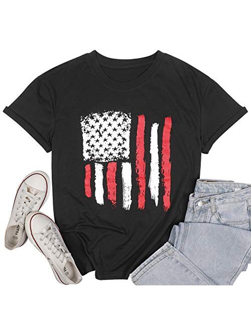 LUKYCILD American Flag Shirt Women July 4th Patriotic T-Shirt Star Stripes USA Tee Tops
