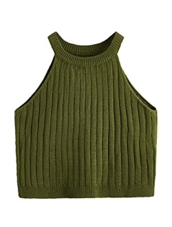 Women's Knit Crop Top Ribbed Sleeveless Halter Neck Vest Tank Top