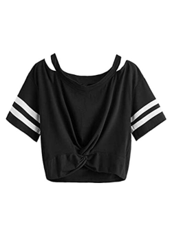 Women's Short Sleeve Cut Out V Neck Twist Front Crop Top T-Shirt