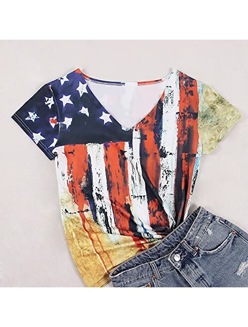 GLIGLITTR 4th of July Shirts for Women Summer Independence Day Short Sleeve T-Shirt Patriotic Tie Dye Color Block Tee