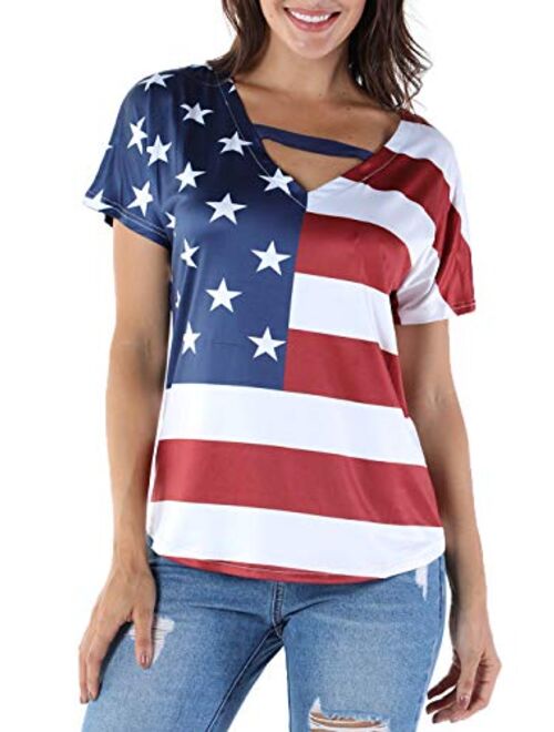 Anna Kaci Anna-Kaci Women's Short Sleeve July 4th USA American Flag Patriotic T-Shirt Tops Blouse