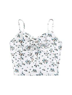 Women's Women's Floral Frill Trim Strap Tie Knot Front Ruched Bustier Cami Crop Top