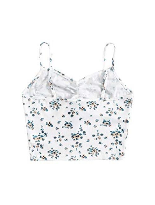 SweatyRocks Women's Women's Floral Frill Trim Strap Tie Knot Front Ruched Bustier Cami Crop Top