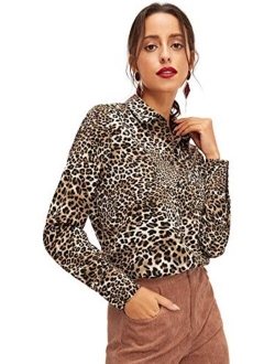 Women's Chiffon Sexy Leopard V Neck Long Sleeve Blouse Shirt Tops