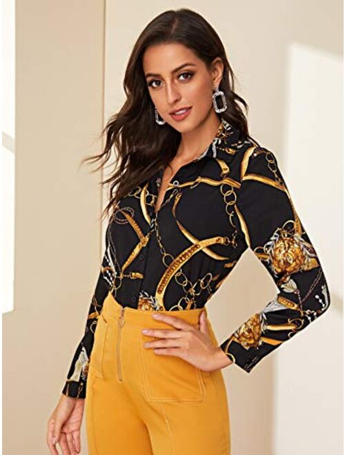 SweatyRocks Women's Chiffon Sexy Leopard V Neck Long Sleeve Blouse Shirt Tops