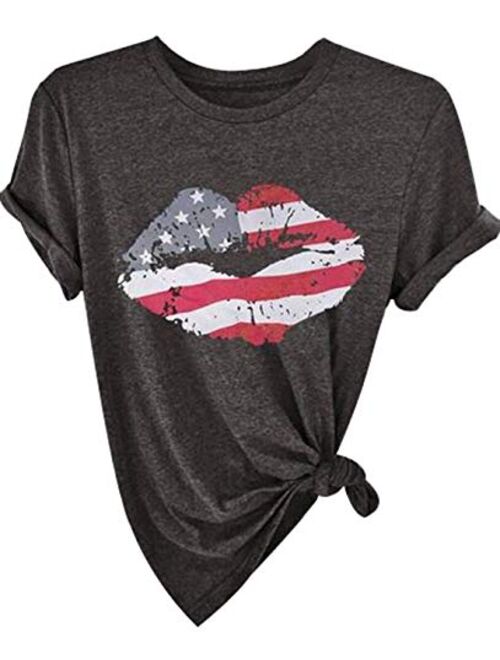 KIDDAD Women's American Flag Lips Shirt Letter Print Graphic Funny T-Shirt USA Patriotic Summer Casual Tee Tops