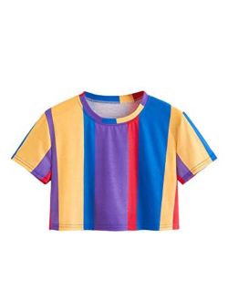 Women's Short Sleeve Round Neck Colorblock Stripe Tee Shirt Crop Top