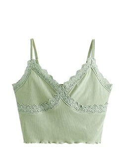 Women's Lace Patchwork Spaghetti Strap Crop Cami Cute Ribbed Knit Slim Fit V Neck Camisole Tank Tops