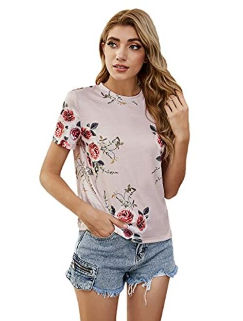 SweatyRocks Women's Casual Floral Print Short Sleeve Round Neck T Shirt Tops