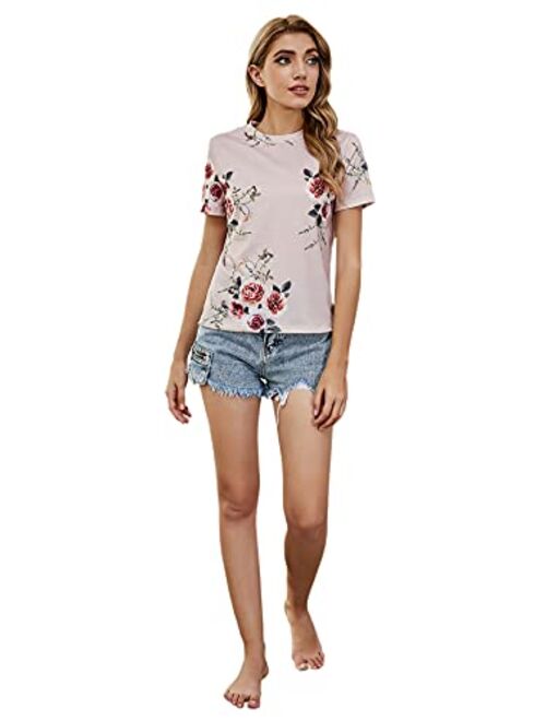 SweatyRocks Women's Casual Floral Print Short Sleeve Round Neck T Shirt Tops