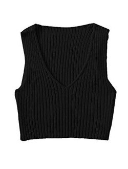 Women's Ribbed Knit Crop Sleeveless V-Neck Sweater Vest Crop Tank Top
