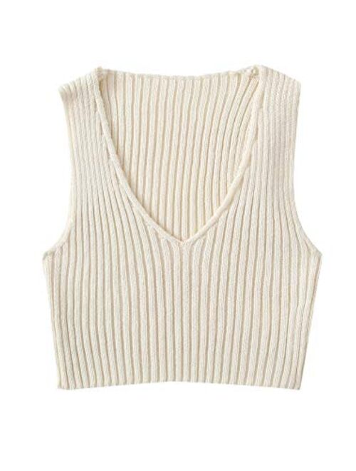 SweatyRocks Women's Ribbed Knit Crop Sleeveless V-Neck Sweater Vest Crop Tank Top