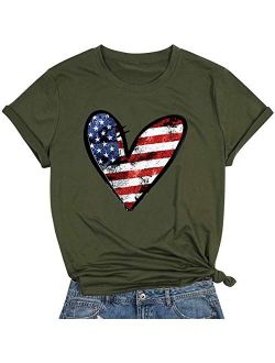 Womens American Flag T-Shirt 4th of July Shirt Graphic Star Heart Cute Tees Short Sleeve Tops