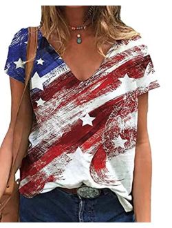 American Flag T-Shirt for Women Stars Stripes 4th of July Graphic Tees Casual US Flag Patriotic Short Sleeve Shirt Tops