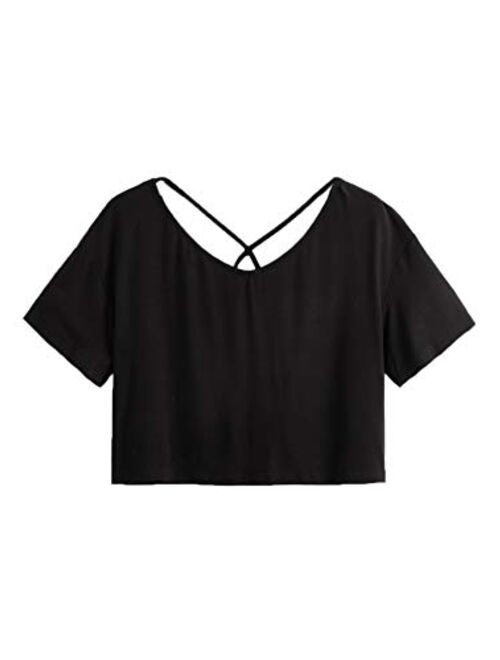 SweatyRocks Women's Tie Dye Criss Cross Back Short Sleeve Crop Summer T Shirt