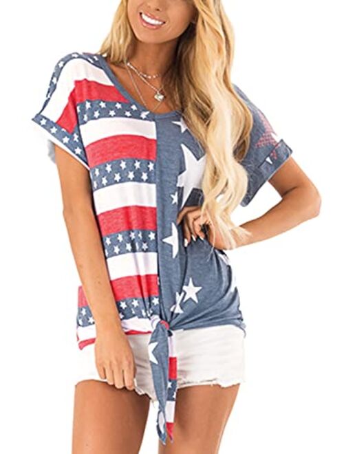 For G and PL Women's 4th of July American Flag Short Sleeve Tie Front Shirt