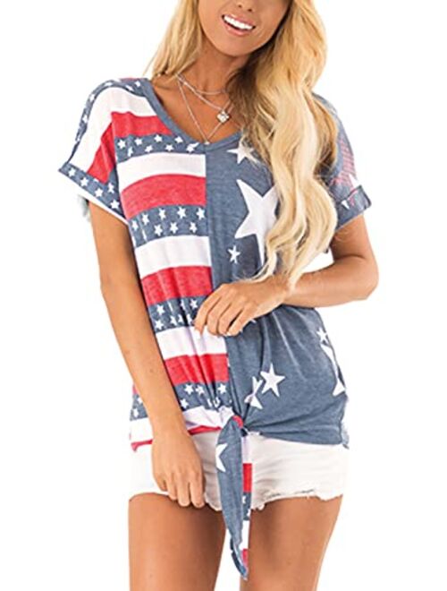 For G and PL Women's 4th of July American Flag Short Sleeve Tie Front Shirt