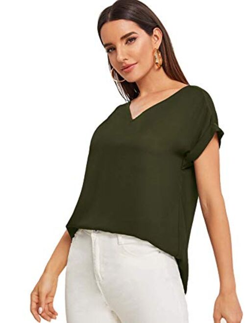 SweatyRocks Women's Casual Cuffed Short Sleeve V Neck Chiffon Blouse Shirt Tops