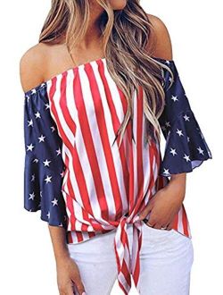 Anna-Kaci Women's USA American Flag Patriotic V-Neck Button 3/4 Bell Sleeve Loose Blouse Shirt Top