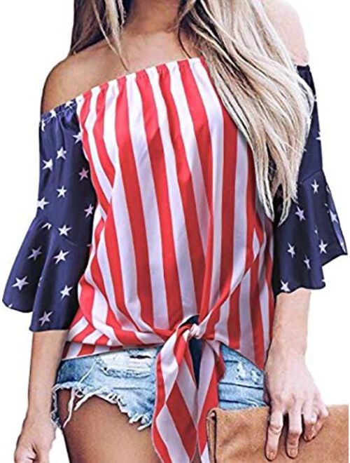 Anna Kaci Anna-Kaci Women's USA American Flag Patriotic V-Neck Button 3/4 Bell Sleeve Loose Blouse Shirt Top